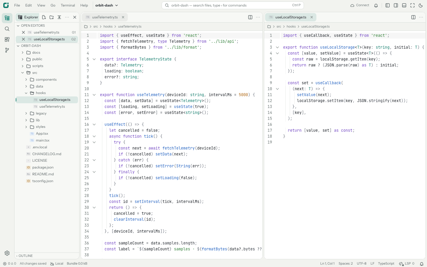 Oxbit desktop app in the light theme with two editors side by side